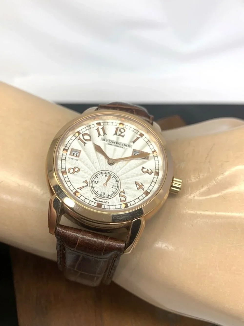 Stuhrling Men's Watch Automatic Silver Dial Rose Gold Brown Leather Strap 40mm